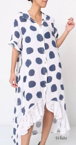 71582 Artsy Dots Long Linen Button Dress