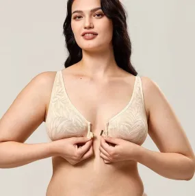 Beige Lace Front Closure Plus Size Sexy Full Coverage Bra for Women