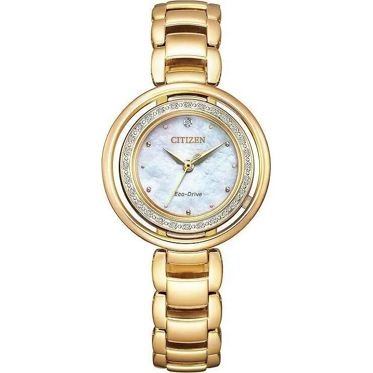 CITIZEN ECO-DRIVE ANALOG WARM GOLD STRAP PEARL COLORED DIAL LADIES WATCH EM0902-53D