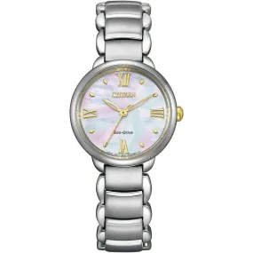 CITIZEN L ECO-DRIVE SOLAR SILVER STRAP PEARL COLORED DIAL LADIES WATCH EM0927-87Y