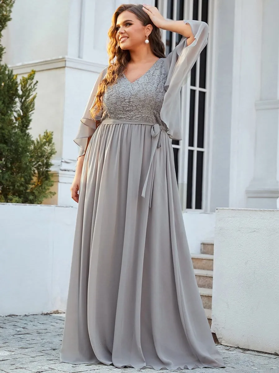 Custom Size Deep V Neck Lace Bodice Long Flowy Evening Dress