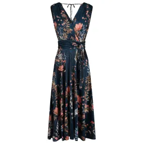 Dark Teal Floral V Neck Crossover Top Empire Waist Swing Dress