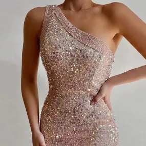 Iridescent Rose Sparkly Sequin One Shoulder High Slit Fitted Gown Dress