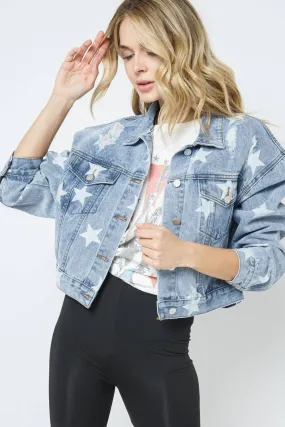 Star Print Distressed Denim Jacket