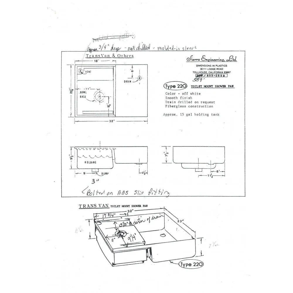 Transvan RV Fiberglass Shower Pan/Toilet Mount/Tank Combo (220)